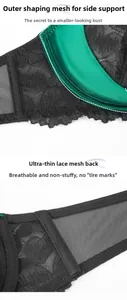Detail view of lace mesh and satin fabric on emerald green lingerie bra set