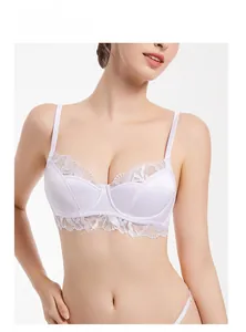 Detailed close-up of white satin and floral lace bra with soft wire support