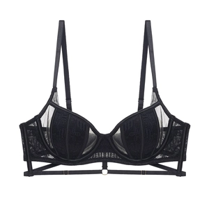 Sexy zwarte Franse wimperkant bh-set met beugelondersteuning en bandjes details