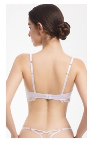 Back view of light purple satin and lace lingerie set with double shoulder straps