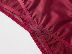 Détail du tissu en maille rouge foncé et des bretelles croisées sur culotte sans couture