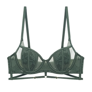 Donkergroene kanten beha met bloemenpatroon, strappy details en zachte beugel