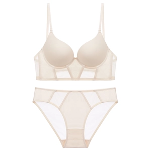 Seamless French U-shaped beige lingerie set with sheer mesh patchwork and push-up design