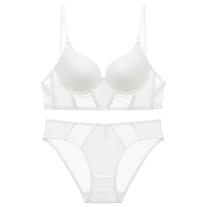 French style white seamless push-up lingerie set with sheer mesh and boning support