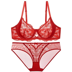 Women Sexy Lace Lingerie Set French Style Ultra Thin Transparent Heart Pattern Underwired Bra And Panty Top And Bottom
