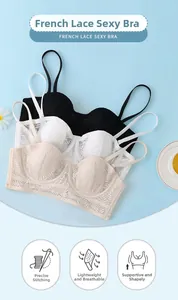 Detail view of floral lace pattern on black, white and beige French style bras