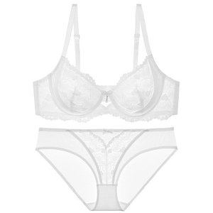 White lace lingerie set with ultra-thin transparent heart embroidery and underwire bra
