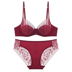 French style burgundy lace lingerie set with floral embroidery and underwire support