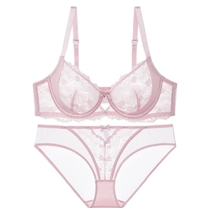 Pink sheer lace lingerie set with heart patterns, underwire bra and matching panties