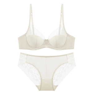 Detail of elegant off-white lace lingerie set with floral embroidery and mesh texture