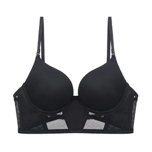 French style U-shaped seamless push up black bustier bra with mesh detailing
