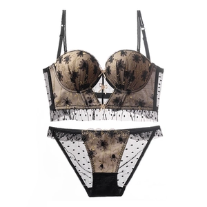 Sexy Damen Spitze Blumen Stickerei Lingerie Gepunktet Mesh Push Up BH Und Slip U Rücken Schleife Unterwäsche
