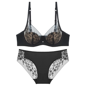 Elegant black lace lingerie set with floral embroidery and adjustable straps for women
