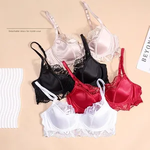 French style satin and lace bras in champagne, black, red, and white with soft underwire