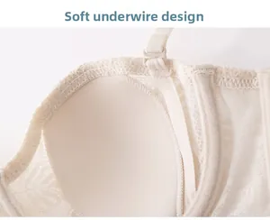 Detailed close-up of beige lace bra featuring soft underwire for comfort and support