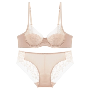 Elegant nude lace lingerie set with floral embroidery and underwire support on white background