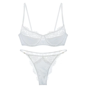Gros plan détaillé sur la broderie en dentelle blanche et le satin du soutien-gorge