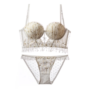 Sexy weißes Dessous-Set mit U-förmiger Goldblumenstickerei und Details aus Mesh