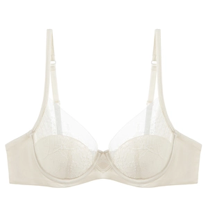 Elegant white French lace embroidery bra with mesh patchwork and soft underwire for women