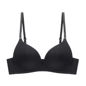 Seamless black wire-free bra with thin adjustable straps on a white background