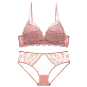 French style lace lingerie set with wireless triangle bra and briefs in rose pink