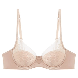 Lace bra with floral embroidery and mesh panel in nude color, flat lay view on white base