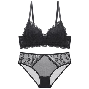 Elegant black floral lace lingerie set with non-wired triangle cup bra and matching panties