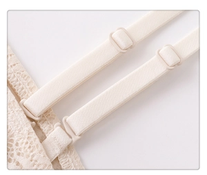 Detail of adjustable straps and delicate lace on this elegant French-style white bra