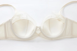 Close-up of off-white balconette lace bra with delicate floral embroidery and sheer mesh