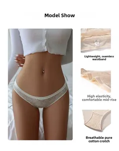 Detail of white lace panties featuring breathable cotton crotch and sheer floral patterns