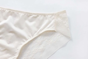 Close-up of champagne silk fabric and floral embroidery lace on female underwear