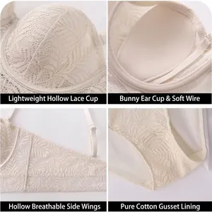French style lace bra set with bunny ear cups and soft underwire in off-white