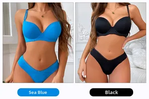 Detailed comparison of push-up bra and V-shape cross waist panties in black and sea blue