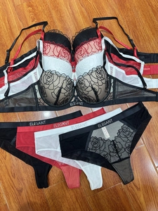 Detailed view of rose lace embroidery and Elegant logo on sexy lingerie set