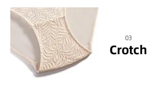 Detailed close-up of beige floral lace and breathable mesh lining on women's panties
