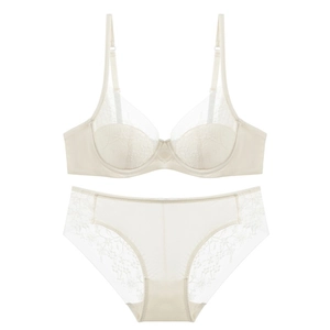 Elegant off-white French lace lingerie set with floral embroidery and soft underwire
