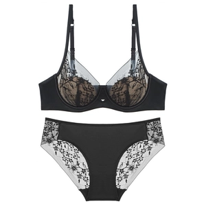 Elegant black floral lace lingerie set with 3/4 cup bra and matching briefs for women