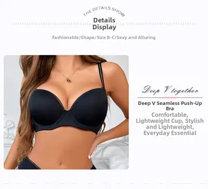Detail of black seamless deep V push up bra featuring delicate wavy edges and slim straps