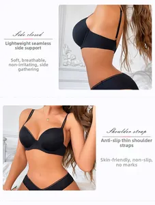 Detail of black seamless push-up bra featuring dual thin straps and side smoothing design