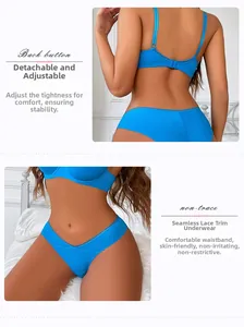 Detailed view of the electric blue bra set featuring adjustable back straps and lace panties