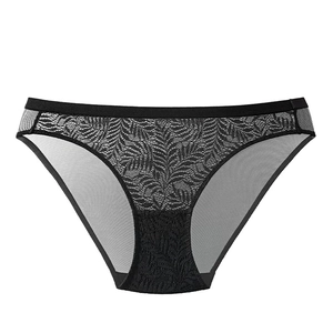 Elegant black lace mesh panties for women with leafy embroidery and breathable sheer fabric