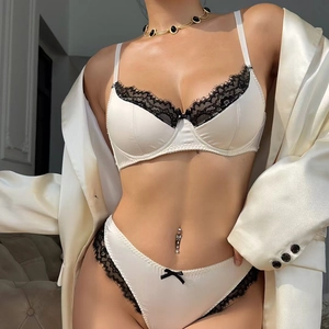 French Style Lingerie Top And Bottom Women Sexy Satin Lace Bra Panty Lingerie Set Nylon Spandex Push Up Minimizer Bra Set