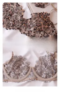 Detail of leopard print lace bra showing breathable mesh fabric and underwire structure