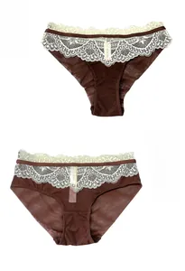 Detail view of brown lace panty showing floral pattern and waist texture quality