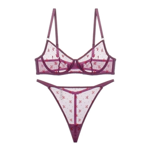 French style thin lace lingerie set in deep purple with red bow and dot prints