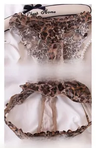 Macro detail of leopard print lace panties with breathable mesh fabric and beige lace trim