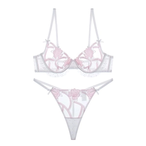 French style ultra-thin white lace lingerie set with floral rose embroidery