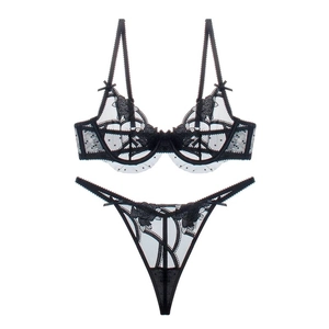 Detail of black semi-sheer lace bra and thong set with elegant rose floral embroidery
