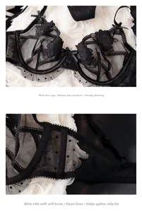 Detail of sheer black lace bra with rose embroidery and slimming side support wings