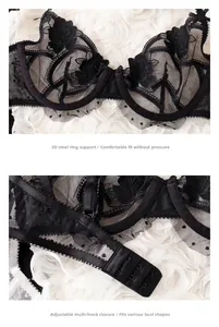 Detail of 3D underwire and multi-row back closure on black embroidered lace lingerie